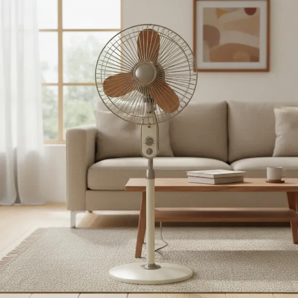 Traditional AC motor fan with visible motor housing and limited speed controls