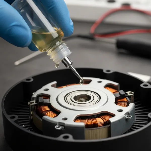 A close-up of a hand applying a few drops of lubricating oil to an electric fan bearing with a precision applicator for smooth operation.