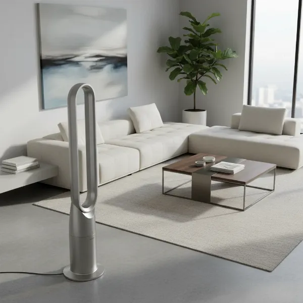 A modern, sleek bladeless fan with a minimalist design in a contemporary living room setting, emphasizing its aesthetic appeal.
