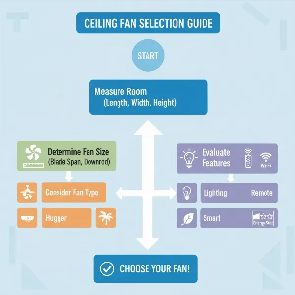 A infographic summarizing key features to consider when buying a ceiling fan, including room size, ceiling height, motor type, and smart features.