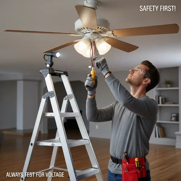A person safely troubleshooting a ceiling fan light by checking bulbs with power off, screwdriver and voltage tester visible