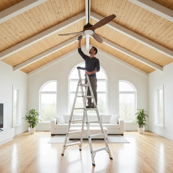 Person cleaning a ceiling fan on a high sloped ceiling, emphasizing maintenance and safety