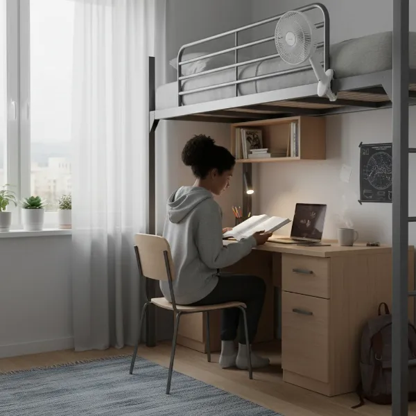 A clip-on fan attached to a bunk bed frame providing quiet cooling for a student.