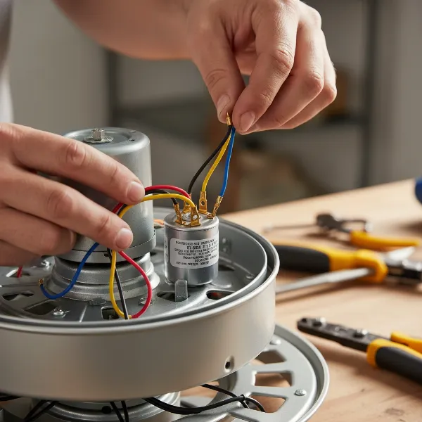 Hands connecting wires to a new ceiling fan capacitor during installation.