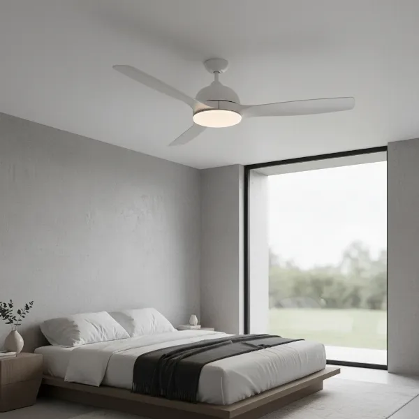 Modern DC motor fan with a sleek design, indicating energy efficiency and quiet operation in a contemporary bedroom
