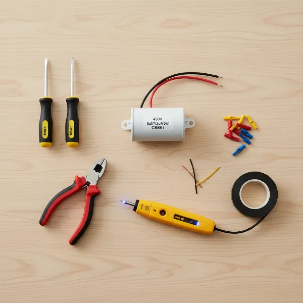Essential tools laid out for a DIY ceiling fan capacitor replacement.