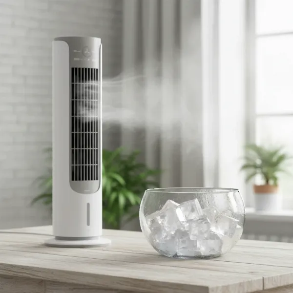 A fan blowing air over a bowl of ice, cooling a warm room