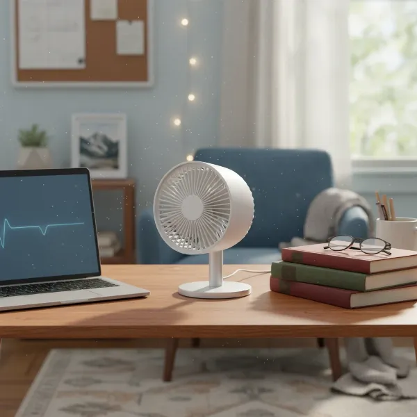 A quiet, compact desk fan placed on a student's dorm room desk next to a laptop and books, providing personal cooling.