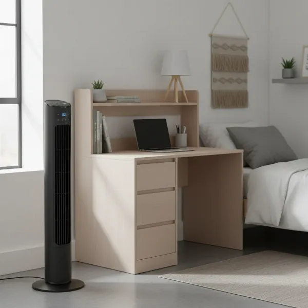 A slim, quiet tower fan standing in the corner of a clean dorm room, providing oscillating air circulation without taking up much space.