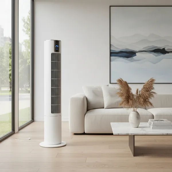 A sleek Dreo Smart Tower bladeless fan in a modern living room setting, showcasing its digital display and tall, elegant design.
