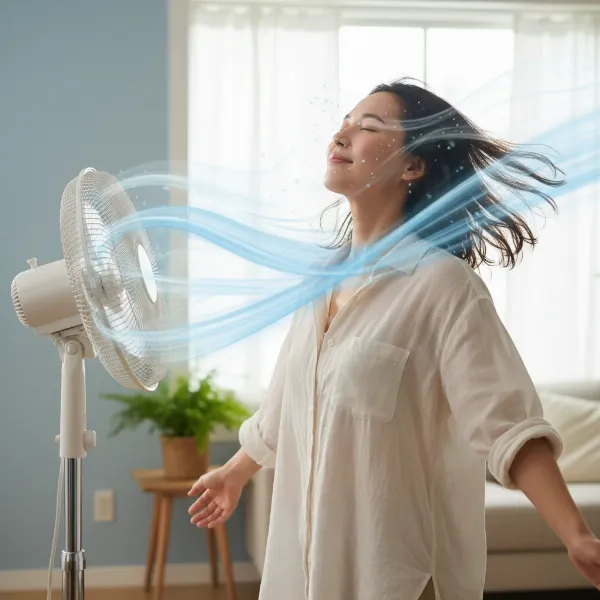 A person enjoying a strong breeze from an electric fan on a hot day, with visible lines indicating airflow around their body and subtle mist representing sweat evaporation.