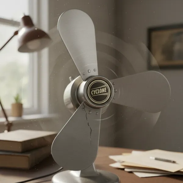 Electric fan blades showing imbalance, causing a clicking noise from wobbling and misalignment