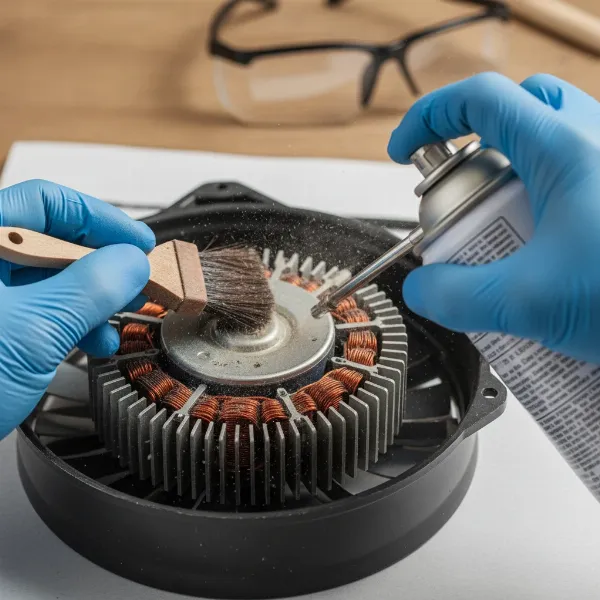 Person cleaning an electric fan motor to prevent overheating with a brush and compressed air