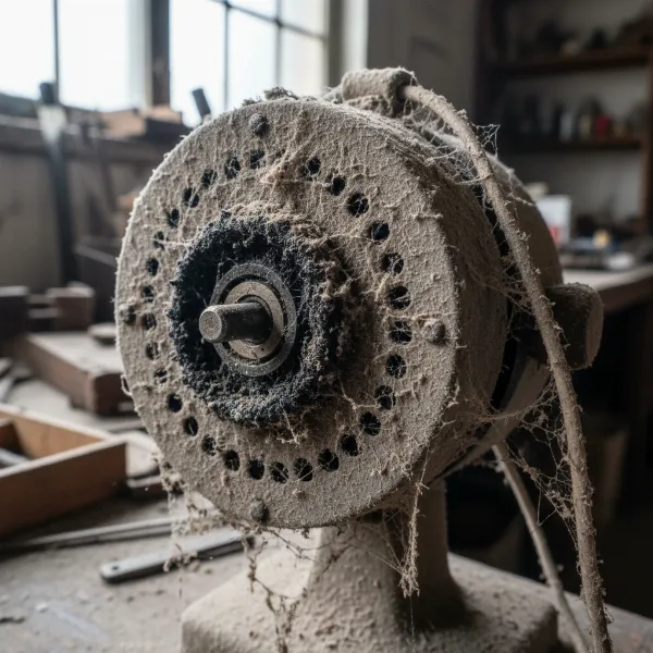Close-up of a dusty electric fan motor with accumulated grime causing overheating