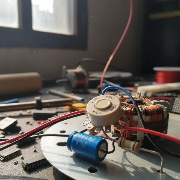 Electric fan speed control components showing resistors and capacitor