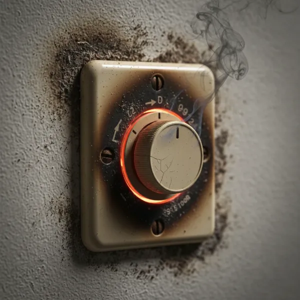 Close-up of a fan speed control switch with visible heat marks, emphasizing the danger of an overheating electric fan component