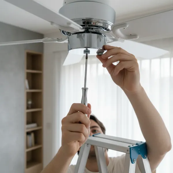 A person tightening screws on a ceiling fan blade arm with a screwdriver, emphasizing DIY repair and precision.