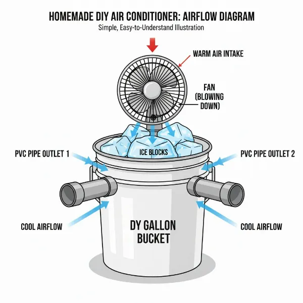 A diagram or illustration of a DIY bucket air conditioner with a fan and ice