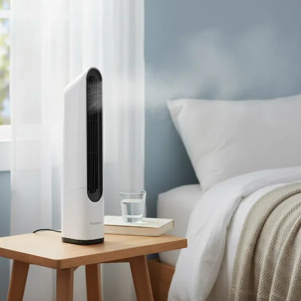 A compact Honeywell QuietSet Mini bladeless tower fan on a bedside table, providing a gentle breeze in a calm bedroom setting.