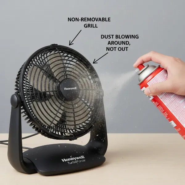 Instructions for cleaning a Honeywell TurboForce fan with compressed air.