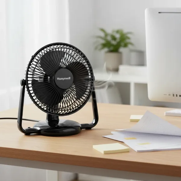A compact black Honeywell TurboForce desk fan positioned on a wooden desk, effectively cooling a workspace.