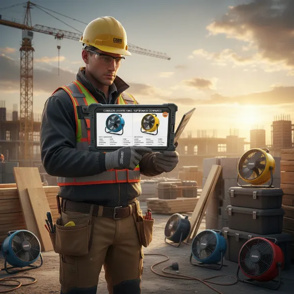 A professional construction worker considering different cordless fan brands like DeWalt, Makita, and Milwaukee on a tablet, with actual fans in the background, showing brand logos and rugged construction environment
