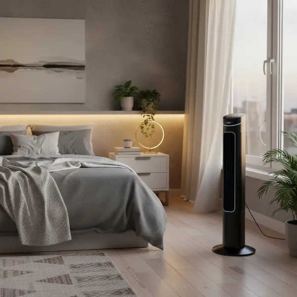 Lasko Wind Curve tower fan providing quiet comfort in a cozy bedroom setting