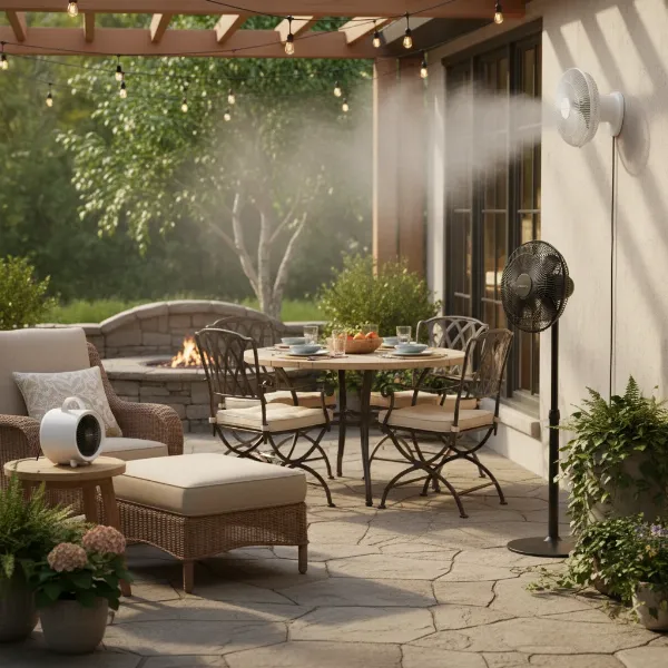 An outdoor patio with various types of misting fans: a portable fan on a table, a pedestal fan near a lounge chair, and a wall-mounted fan near a dining area, all subtly emitting fine mist to cool the space on a sunny day.