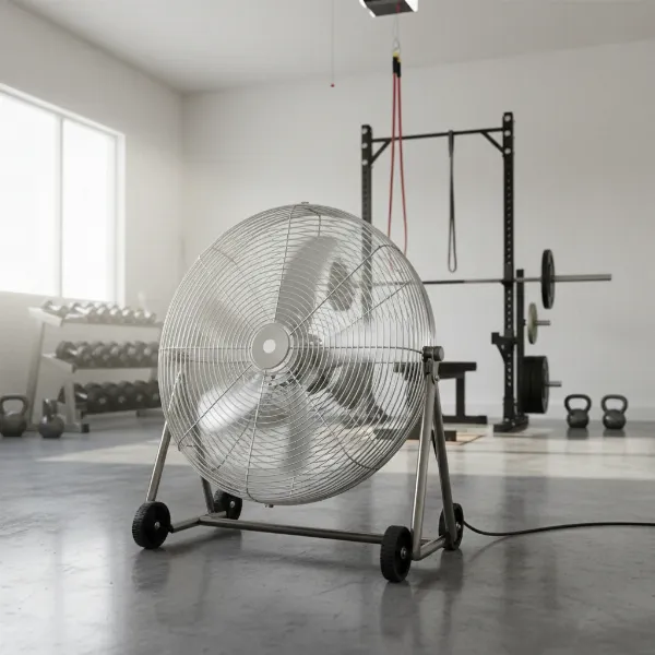 A powerful, high-velocity drum fan in a garage gym setting, highlighting its robust construction and airflow capability.