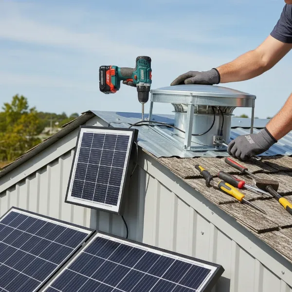 A person installing a solar-powered fan on a shed roof, highlighting the DIY installation process.