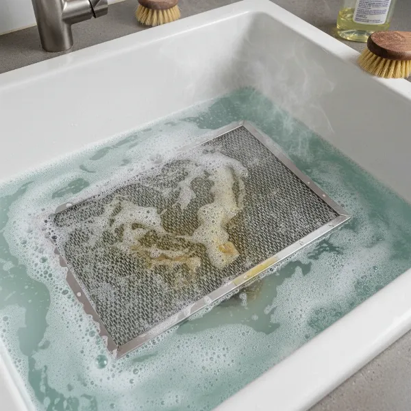 Kitchen fan filters soaking in hot, soapy water