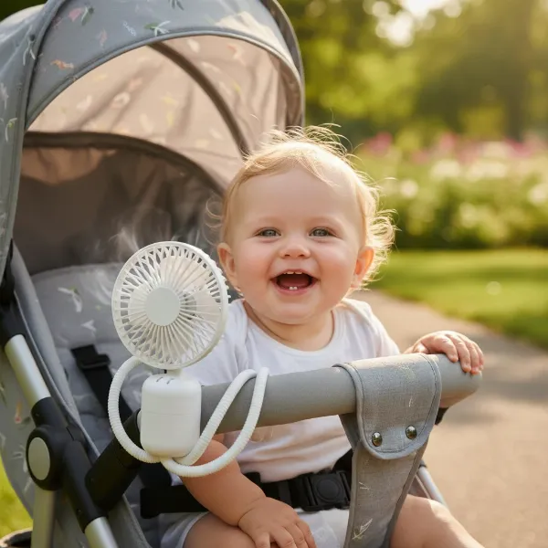 A flexible tripod stroller fan securely wrapped around a stroller handle, cooling a baby.