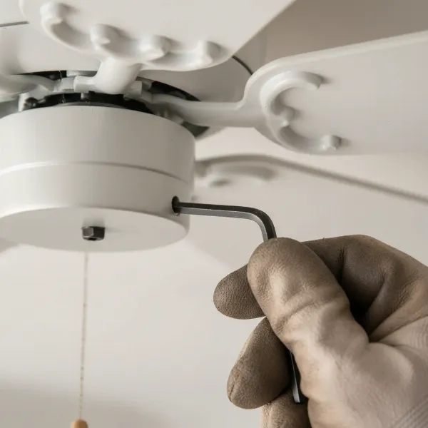 A close-up of a ceiling fan downrod being tightened with an Allen key, focusing on the setscrews near the motor housing connection point.