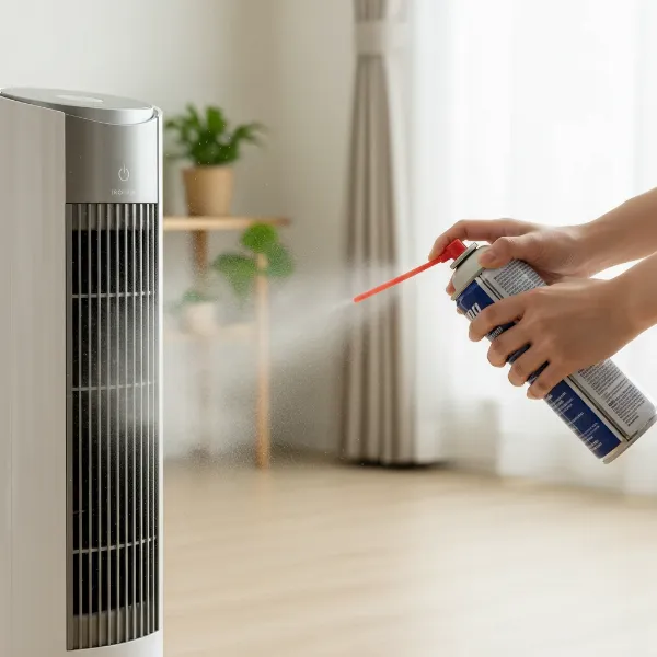 A person using compressed air to clean a tower fan's internal grilles without disassembly, highlighting dust being blown out.