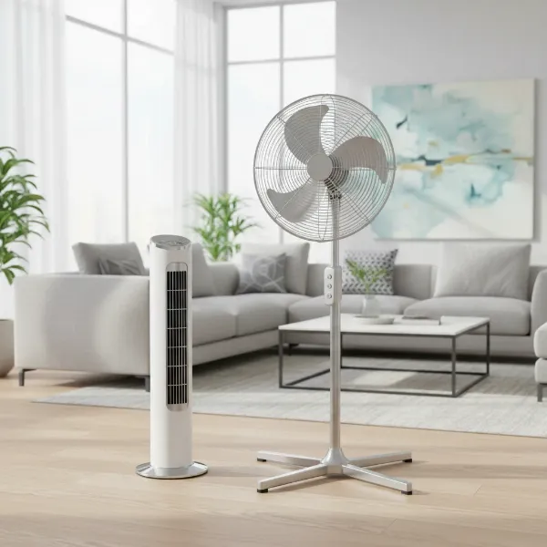 A sleek tower fan on the left and a traditional pedestal fan on the right, side-by-side for comparison in a modern living room setting. Both fans are oscillating gently, highlighting their different designs and footprints.