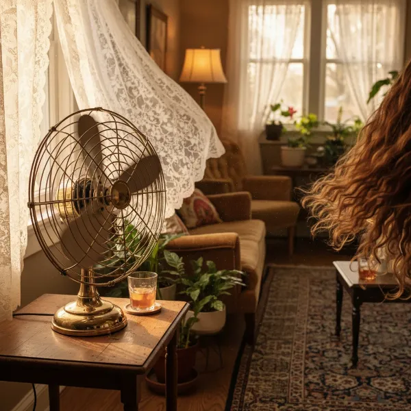 A classic pedestal fan with visible blades creating a strong, direct breeze in a warm room, highlighting its cooling power.