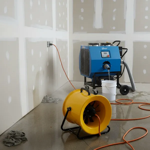Air mover and dehumidifier working together to dry a room