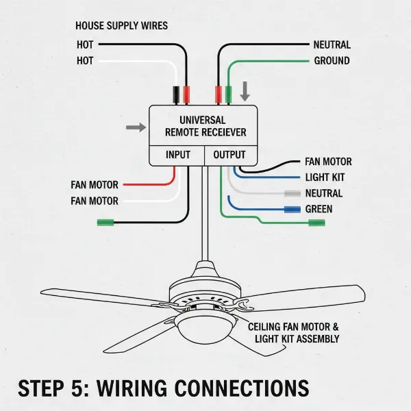 Detailed wiring diagram for connecting a ceiling fan remote receiver to fan and house wires.