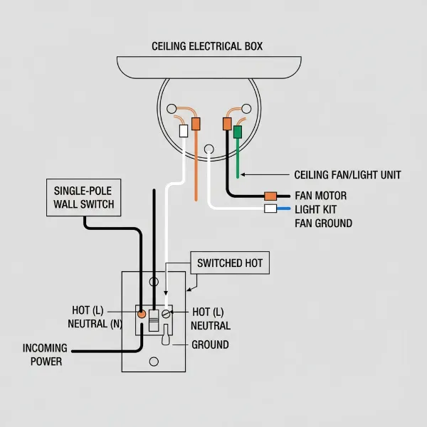 Wiring diagram for a ceiling fan with light controlled by a single wall switch.