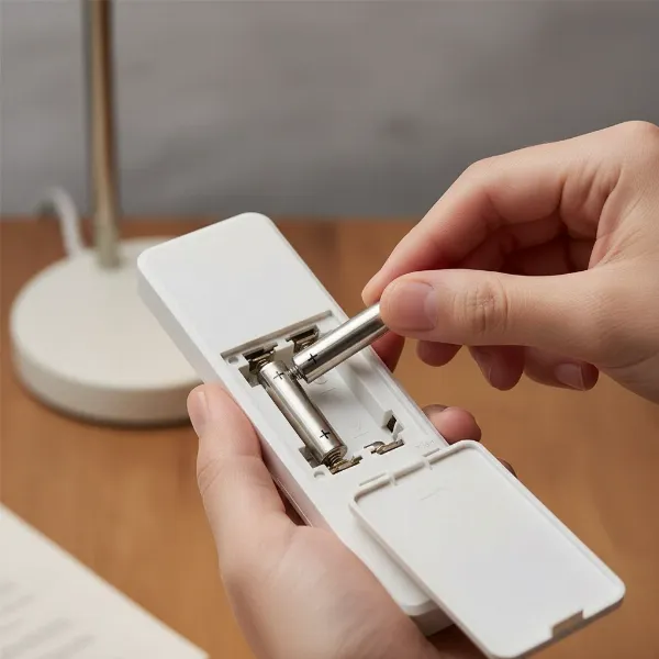 person replacing batteries in ceiling fan remote, ensuring correct polarity and clean contacts