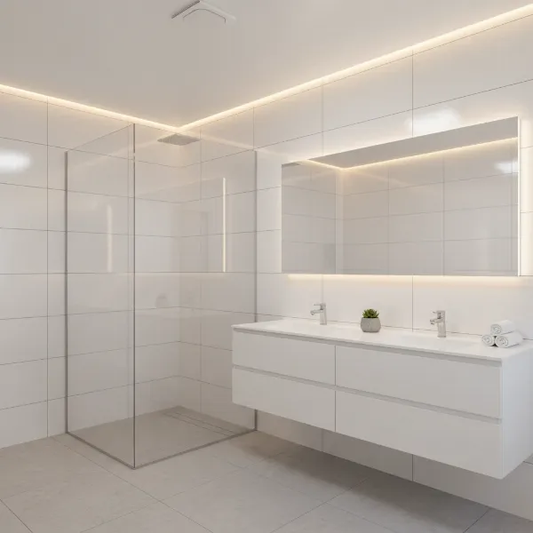 Sparkling clean, dry, and mold-free modern bathroom after effective ventilation