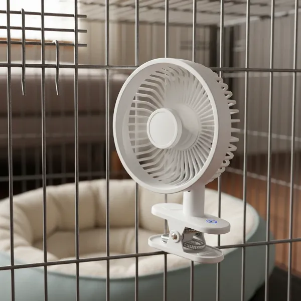 A small, white clip-on fan attached to the wire mesh of a grey dog crate, providing air circulation.