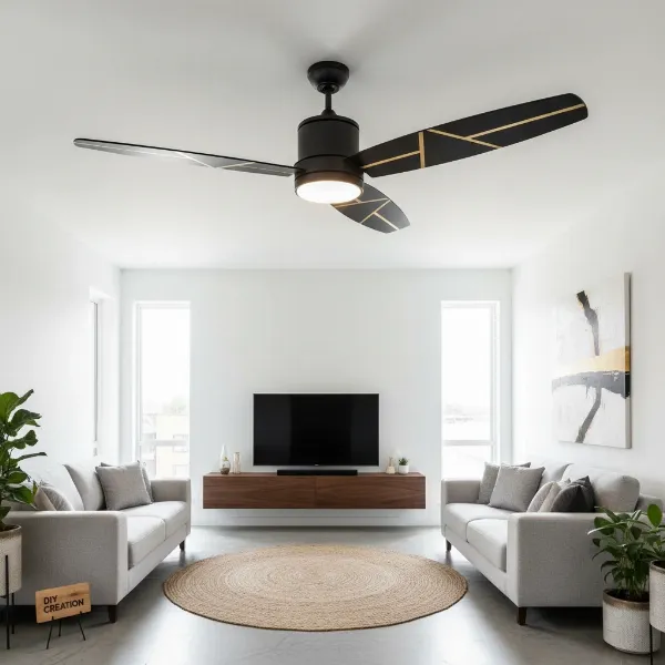 A beautifully painted ceiling fan with custom geometric patterns, showcasing a modern and refreshed aesthetic.