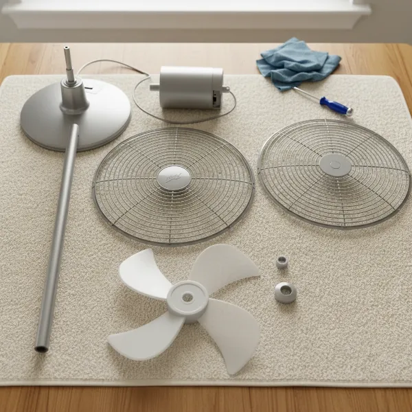 Various disassembled components of a pedestal fan laid out on a clean surface, ready for cleaning.