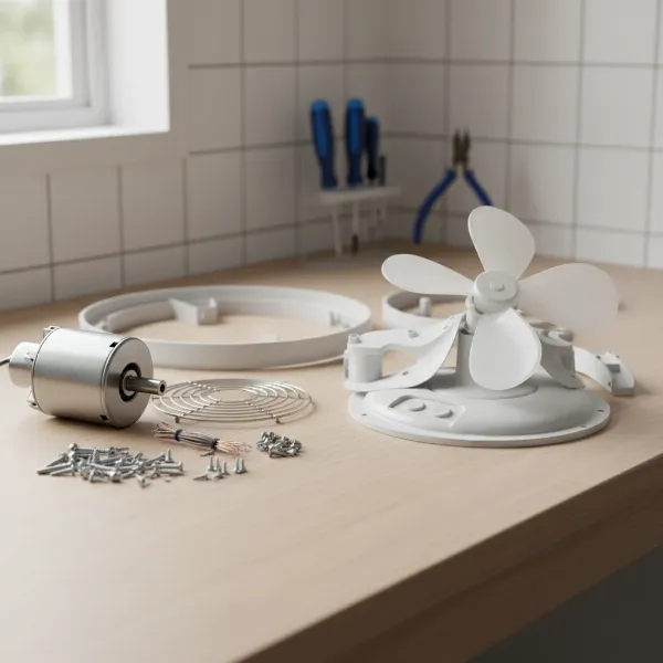 Separated components of an electric fan, including metal motor, plastic blades, and copper wires, for proper recycling.