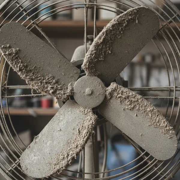 Close-up of dirty fan blades, uneven dust accumulation causing fan vibration.