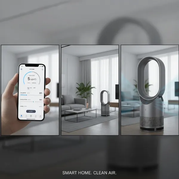 Dyson Pure Cool device being controlled via the Dyson Link app on a smartphone, showing air quality data.