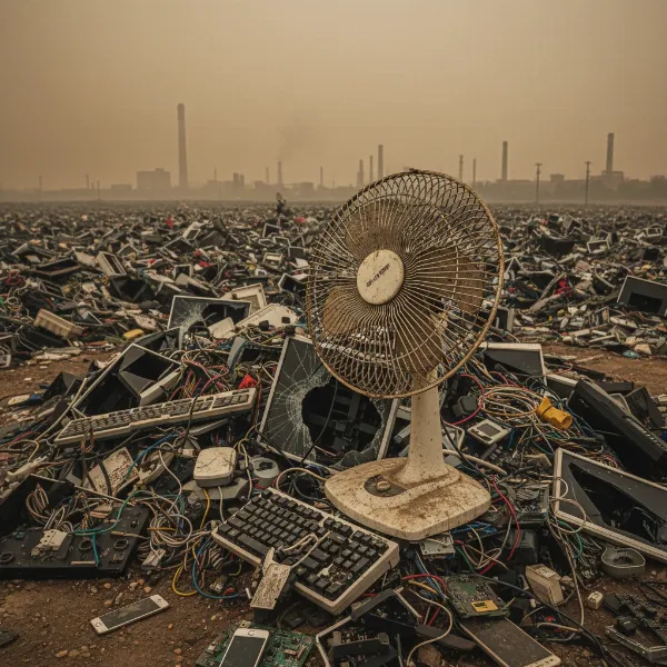 An old electric fan discarded in a landfill, contributing to electronic waste pollution and resource depletion.