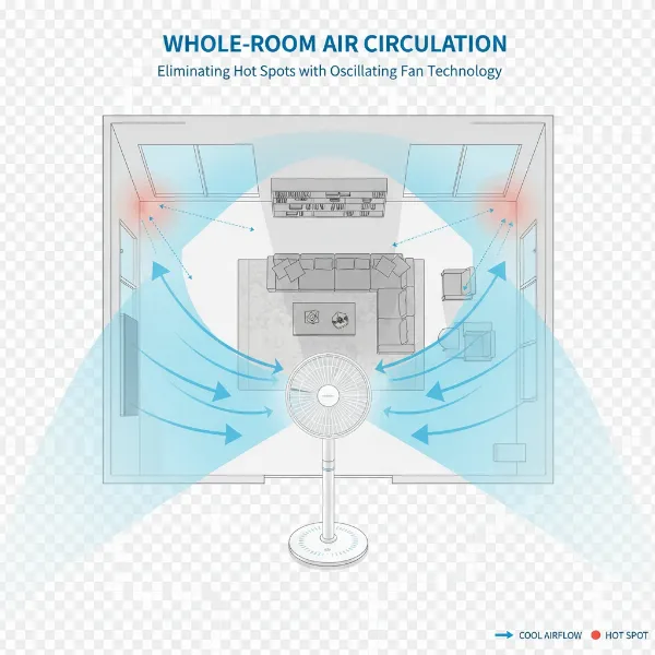 Illustration showing effective air circulation and oscillation patterns of a floor fan in a large living room.