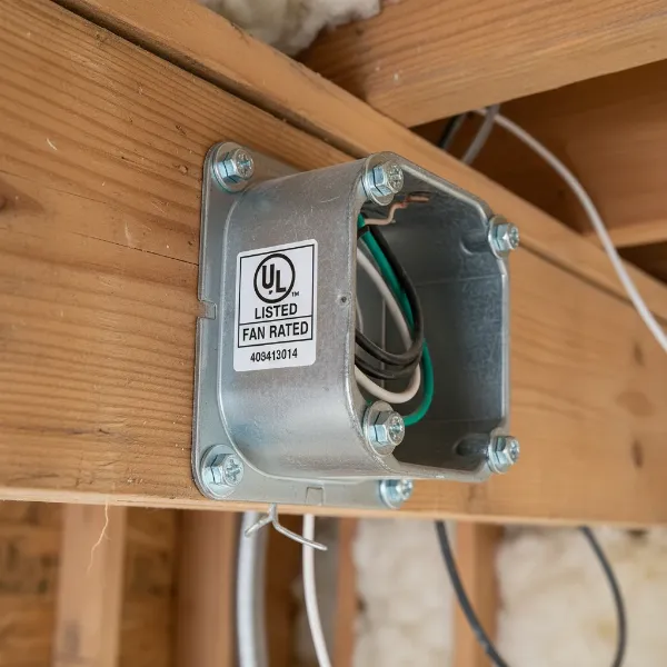 A UL-listed, fan-rated electrical junction box installed securely to a ceiling joist.